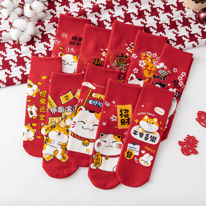 Wholesale Socks for men and women mid-tube socks cotton bottom festive red stockings new year gift lucky cat socks