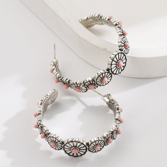 Wholesale Large C-shaped alloy statement earrings set with white and turquoise