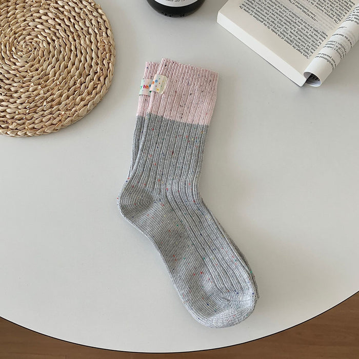 Wholesale Color blocked heel fabric label, thick needle socks, dotted yarn, middle tube, stacked socks
