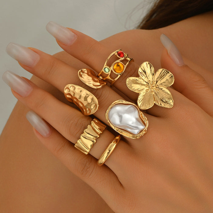 Wholesale Geometric Ring Set Niche Floral Inlaid Pearl Design Open Index Finger Ring