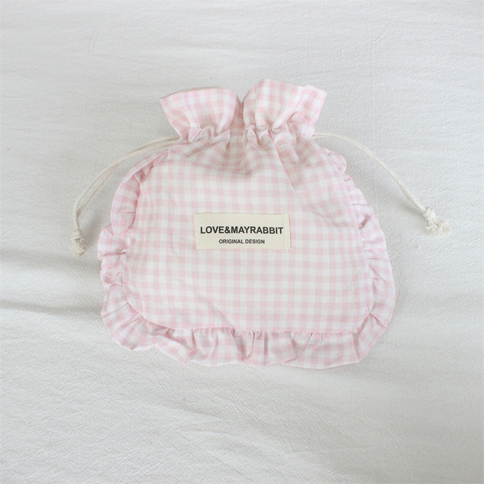 Wholesale Stylish Pink Plaid Drawstring Pouch With Lace Trim Multipurpose Travel Storage Bag For Makeup Brushes Fashion Accessory For Boutique Resale
