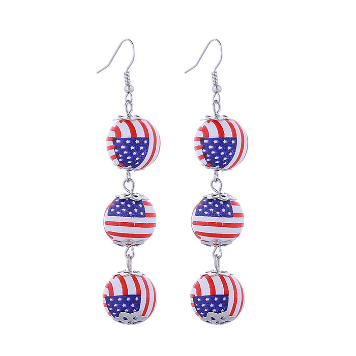 Wholesale American Independence Day Colorful Printed Flag Wooden Beads Long Round Bead Pendant Earrings JDC-ES-ChouTteng018