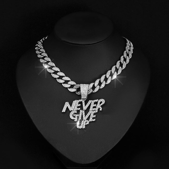 Wholesale Alloy Letter NEVERGIVEUP Punk Style Pendant Full Diamond Super Men's Cuban Chain