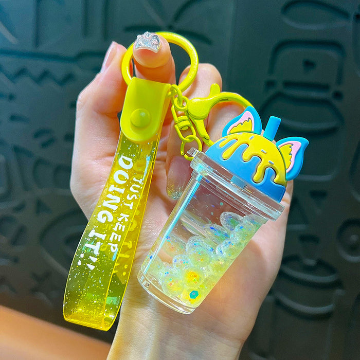 Wholesale Oil-filled bubble bead cat ear milk tea cup keychain