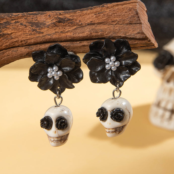 Wholesale Dark Skull Black Camellia Earrings  Funny Fun Earrings