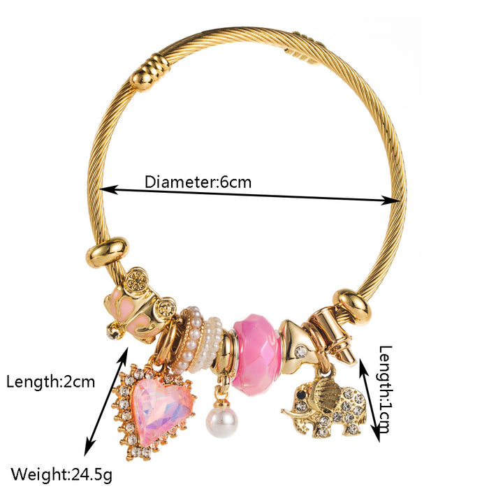 Wholesale Trendy Elephant Heart Pendant Bracelet Pink Alloy Diamond Set Adjustable Jewelry Accessory