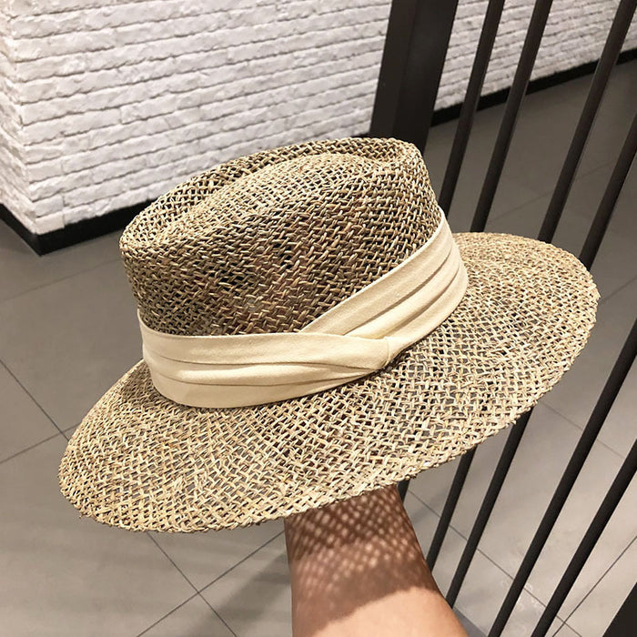 Wholesale Flat-Top Hat for Women Style British Fashion Travel Vacation Hollow Sun Hat