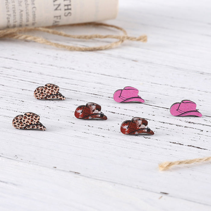 Wholesale Western style leopard print cow pattern turquoise pattern cowboy hat earring set wooden earrings gift