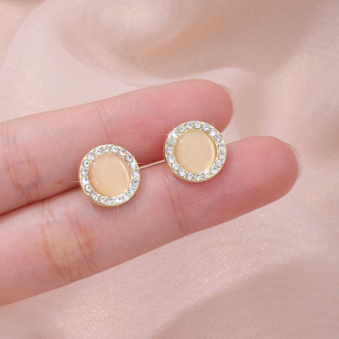 Wholesale Silver Needle Fashion Cat Eye Stone with Diamond and Pearl Earrings, High Grade Color Round Earrings, Wholesale