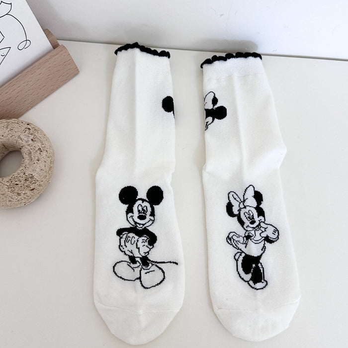 Wholesale Pure Cotton Black Mickey Socks Women's Mid-tube Socks Spring and Autumn All-match Cute Cartoon Ins Fashionable Socks