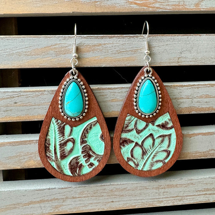 Wholesale Western genuine leather earrings classic horse hair leopard embossed cowhide water drop vintage earrings