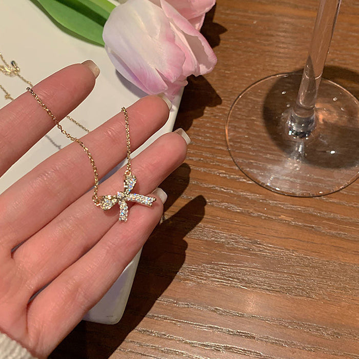 Wholesale New bow necklace with light luxury and niche design, neck chain style, high-end temperament, collarbone chain