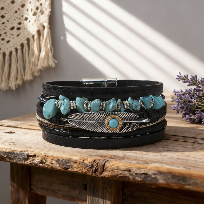 Wholesale Leather Bohemian Turquoise Bracelet with Leopard Print