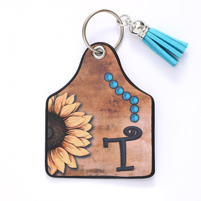 Wholesale Leather Sunflower Letter Tassel Keychain Pendant