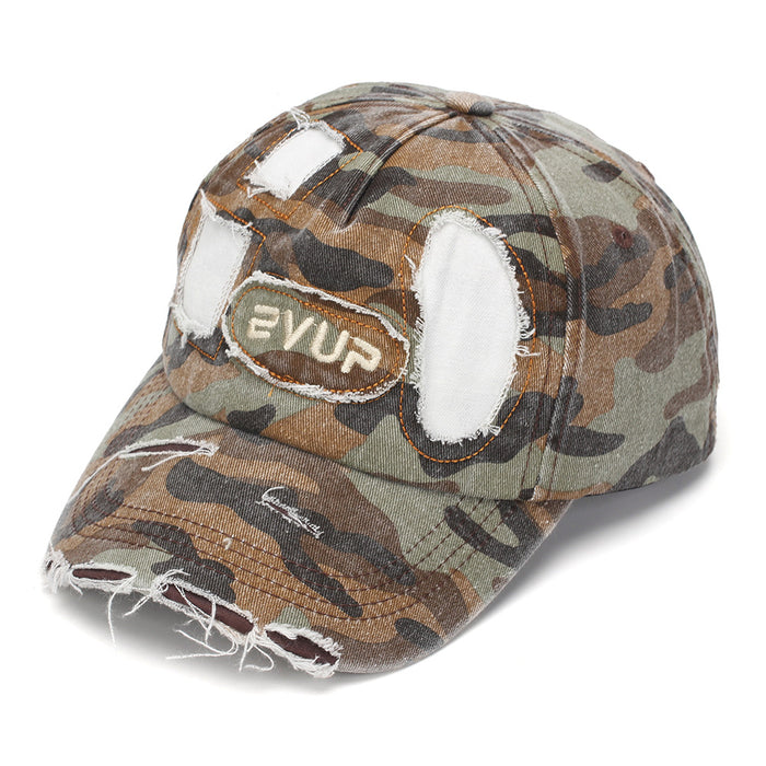 Wholesale Stylish Camouflage Torn Baseball Cap Sun Protection Embroidered Curved Brim Casual Hat for Men Women