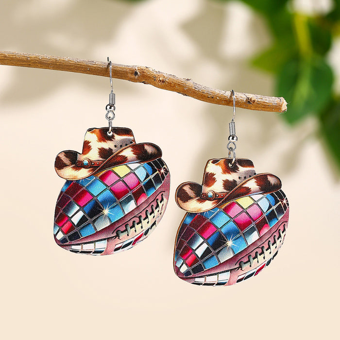Wholesale Denim Hat Ball Wooden Pendant Earrings Rugby Football Volleyball Earrings Gifts