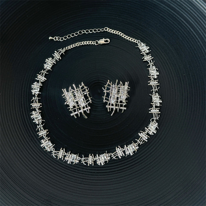 Wholesale Vintage woven zircon necklace earrings with irregular design for women, silver metal earrings, collarbone chain