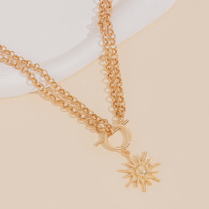 Wholesale Exaggerated jewelry, fashionable alloy thick chain necklace, personalized sun pendant, collarbone chain