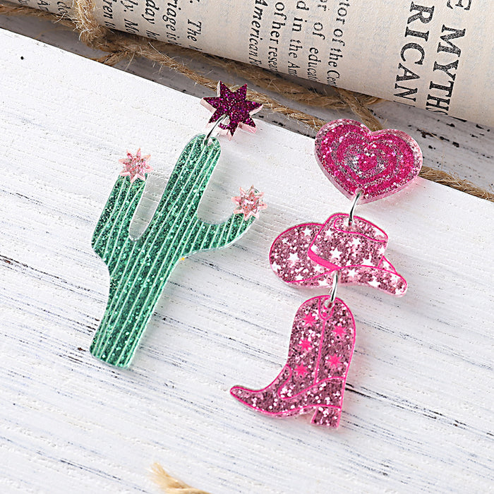 Wholesale Western Style Cactus Denim Hat Boots Sequin Acrylic Pendant Earrings Asymmetric Earrings