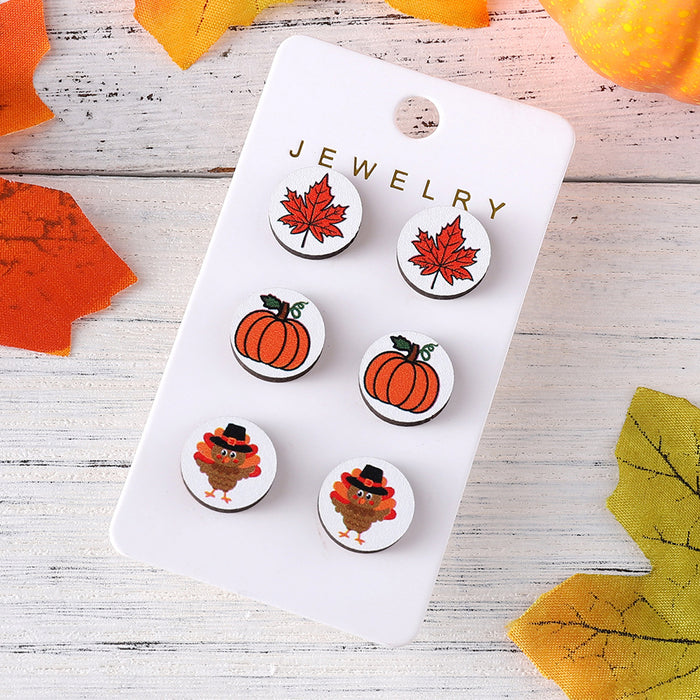 Wholesale Autumn Thanksgiving Pumpkin Maple Leaf Round Earrings suit Wooden Autumn Harvest Earrings Earrings