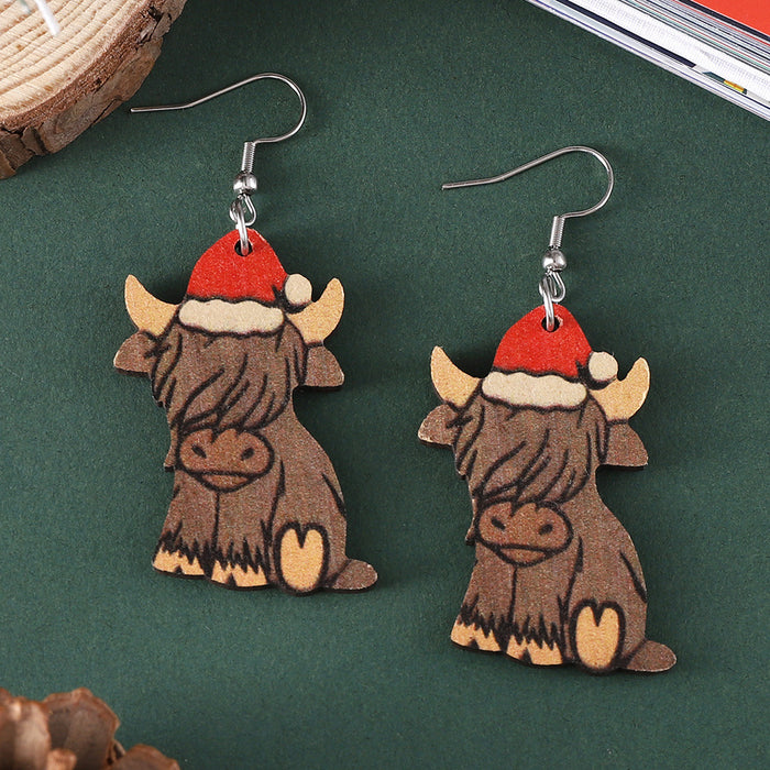 Wholesale Christmas Western Style Christmas Hat Alpine Cow Pendant Earrings Wooden Double-Sided Earrings Christmas Ornaments