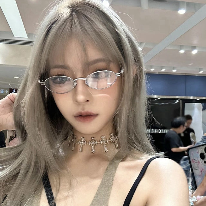 Wholesale Metallic silver small frame oval glasses with heart-shaped diamond inlay