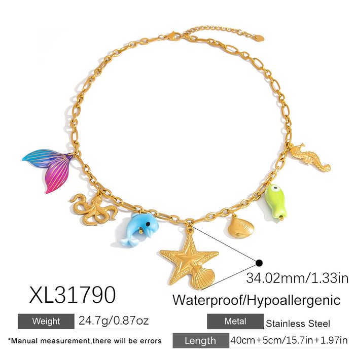 Wholesale Stainless Steel Necklace Exaggerated Big Fishtail Colorful Big Shell Ocean Style Multi-Element  Gold Clavicle Chain