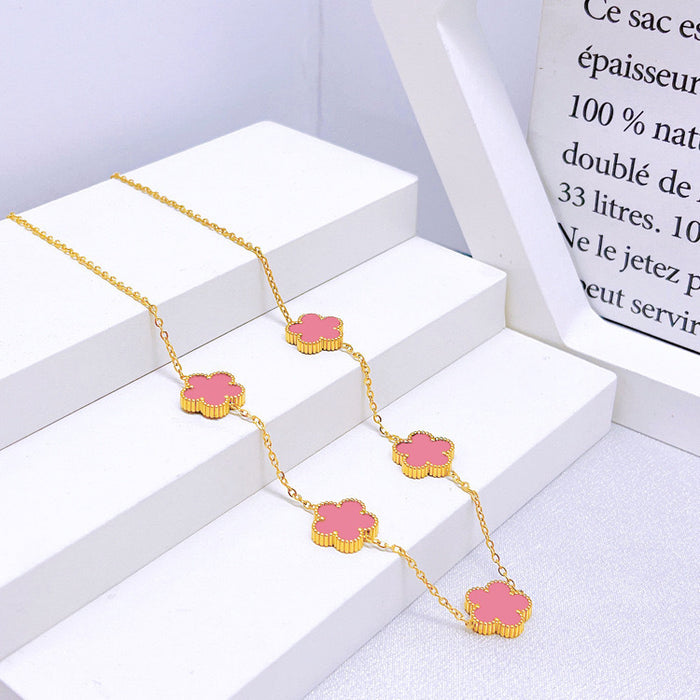 Wholesale Stainless Steel Five-Leaf Clover Bracelet Necklace Earring Set