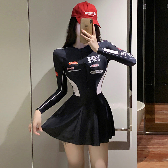 Wholesale Swimsuit conservative one-piece new skirt style slimming, covering the belly, sun protection, long sleeved swimming pool leisure