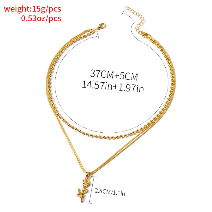 Wholesale Exaggerated jewelry, fashionable rose flower pendant, high-end feeling bead chain, two-layer necklace jewelry