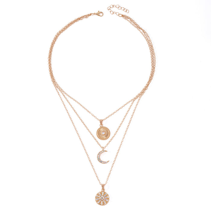 Wholesale Multi layered circular diamond necklace with geometric luxury and high-end feel, moon and sun pendant, collarbone chain