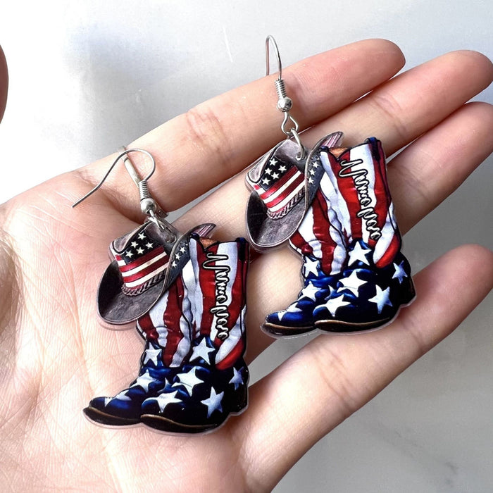 Wholesale Double Sided Acrylic USA Flag Boots Earrings Patriotic Fashion Jewelry Accessory MOQ≥2