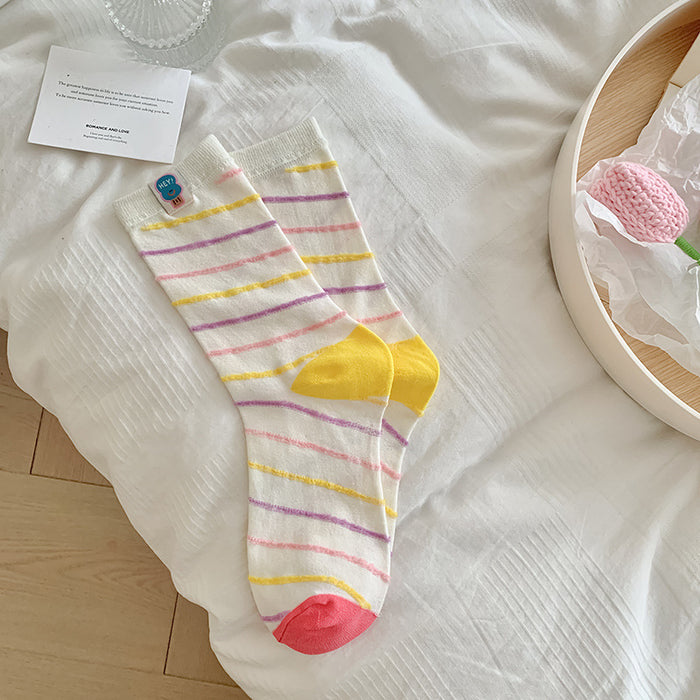 Wholesale Colorful fabric label socks, mid tube socks, polka dot striped sports and casual socks
