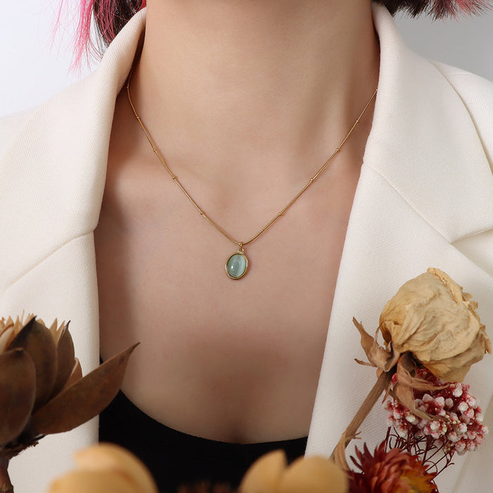 Wholesale French Vintage Cat Eye Oval Pendant Necklace 18K Gold Plated Titanium Steel Women S Everyday Jewelry