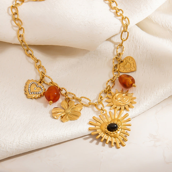 Wholesale Stainless steel necklace exaggerated love big sun resin inlaid natural stone pendant waterproof clavicle chain