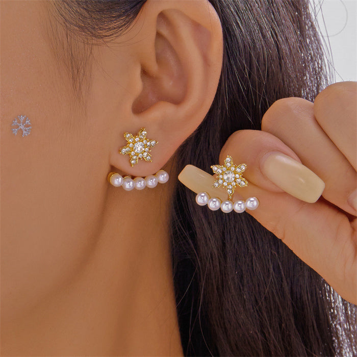 Wholesale Christmas inlaid zirconium snowflake tassel earrings imitation pearl earrings