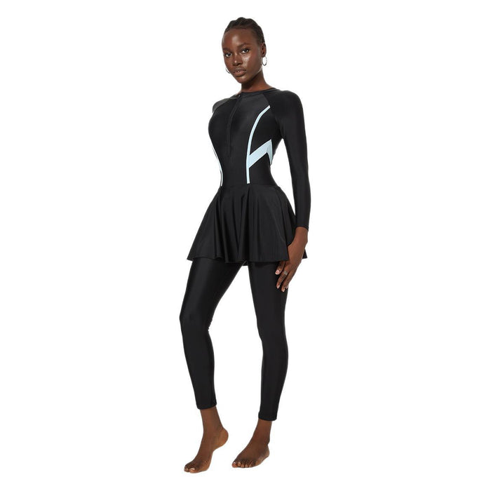Wholesale Swimsuit with one-piece belly covering skirt, long sleeved pants, surfing one-piece swimsuit