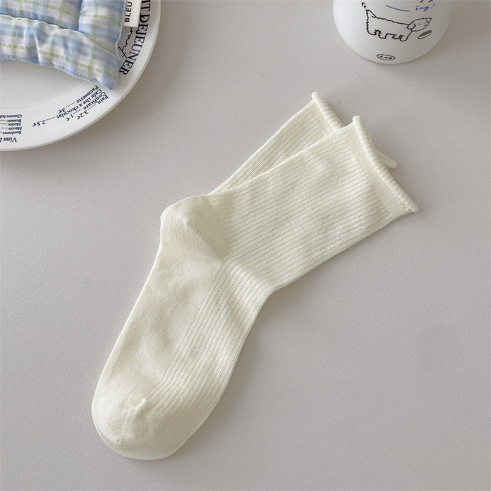 Wholesale Boneless solid color rolled edge vertical strip thin breathable cotton elastic mouth middle tube stacking socks