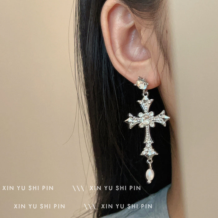 Wholesale Cross shiny zircon earrings, niche retro temperament, pearl pendant earrings, studs earrings
