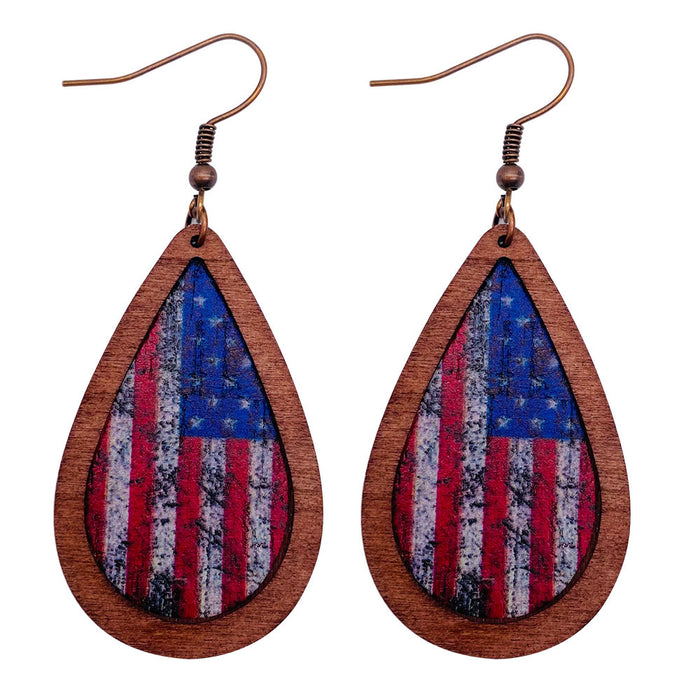 Wholesale Retro Independence Day Leather Earrings American Flag Drop-Shaped Texture Wood Grain Leather Earrings