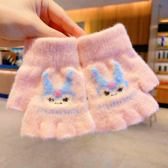 Wholesale Children' s Gloves Autumn and Winter Warm Cute Cartoon  Girls'  Half-Finger Flip Cover Baby Thickened Warm Five-Finger Set