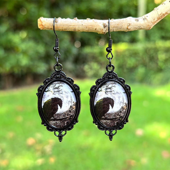 Wholesale  Black Crow Time Gemstone Pendant Earrings Gothic Dark Series Ear Jewelry