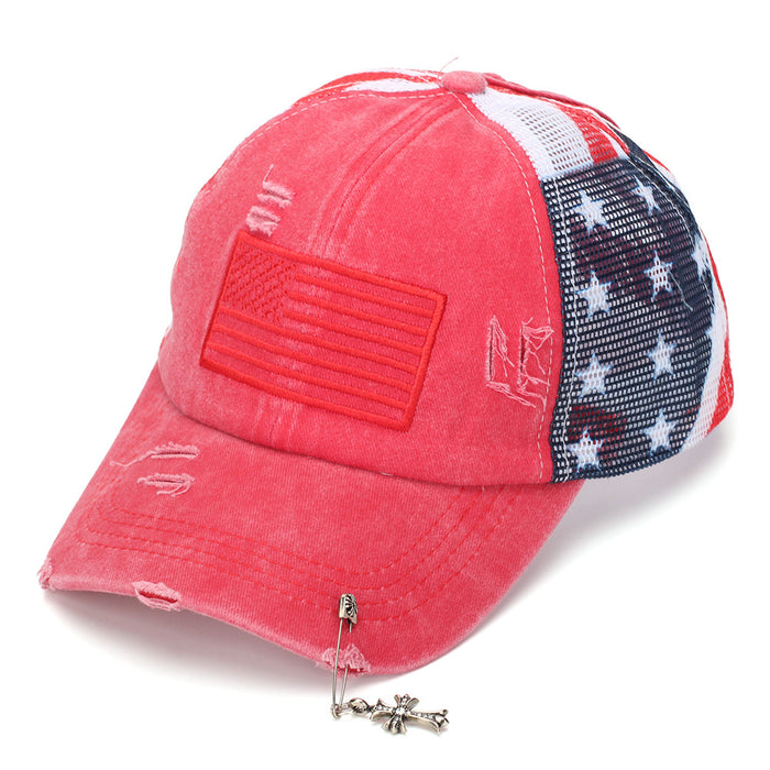 Wholesale Retro American Flag Trucker Cap with Cross Pendant,  Stylish Baseball Hat for Summer
