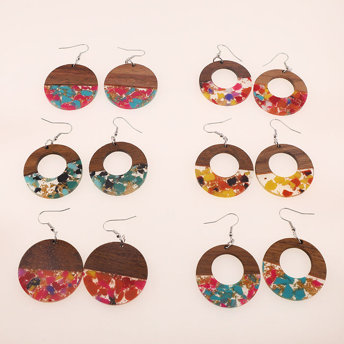 Wholesale Round Hollow Resin Crushed Natural Stone Gold Foil Wooden Earrings JDC-ES-Dagou002