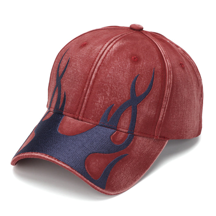 Wholesale Flame Embroidery Washed Baseball Cap Vintage Street Style Curved Brim Hats Unisex
