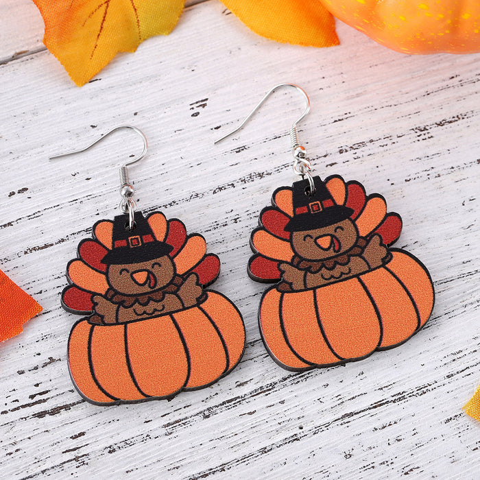 Wholesale Autumn Harvest Thanksgiving Turkey Pumpkin Funny Pendant Earrings Wooden Double-Sided Earrings Gift