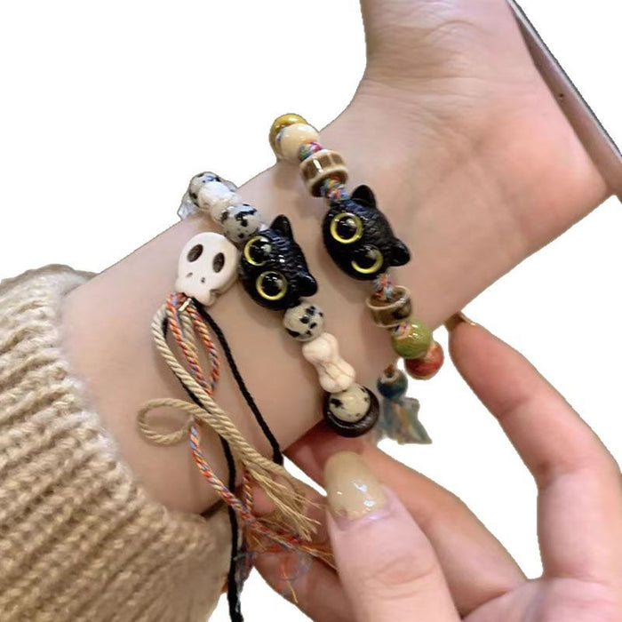 Wholesale Skull Cat Ceramic Woven Brace Sense Sweet Chinese Style Tassel Color Bracelet Jewelry
