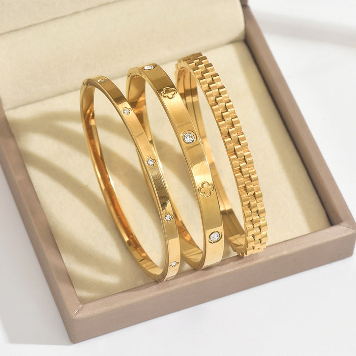 Wholesale Titanium Steel Horseshoe Bracelet With Crystal Row 18K Gold Plated Open Bangle Fashion Jewelry Accessory