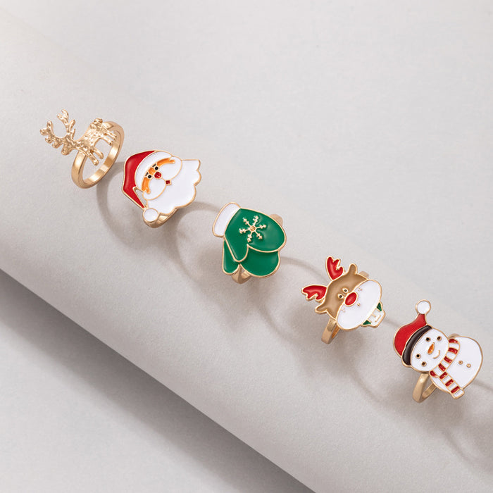 Wholesale Stylish Christmas Ring Set 5-Piece Santa Elk Snowman Design Alloy Gold Jewelry Accessory MOQ≥2