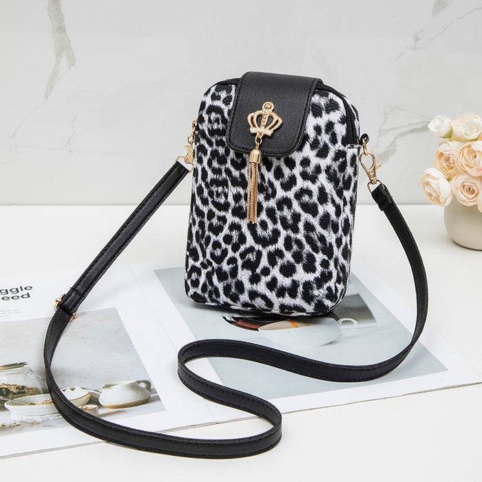 Wholesale Leopard Print Women' s Cell Phone Bag Fashion Crown Charm Embossed Crossbody Bag Shoulder Bag